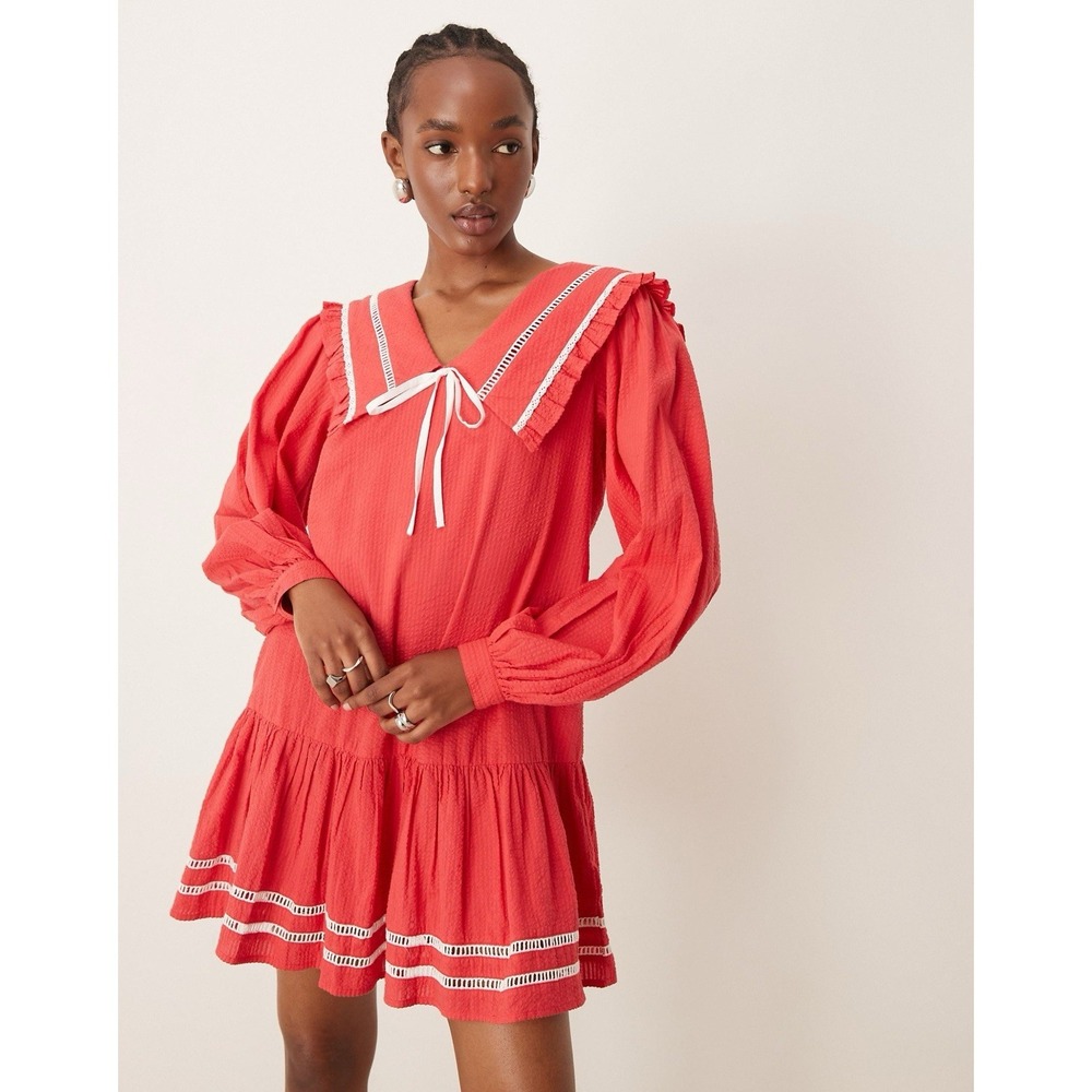Neon Rose Mini Dress Size Small Red Sailor Collar Ruffle Bow Crochet Seersucker